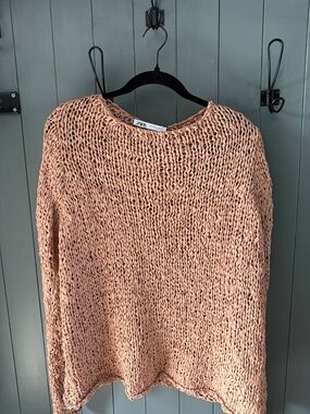 Zara Peachy Pink Open-Knit Crewneck Sweater
